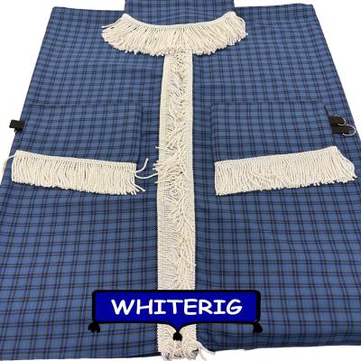 Stylish blue check dummy van curtains finished with white decorative fringe trim. Designed for show vans and custom builds to create a standout  interior look. Whiterig Truck Curtains